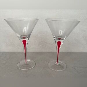 Pier 1 Martini Cocktail Glasses Red Drip in Clear Stem Hand Blown 7.5” Set of 2